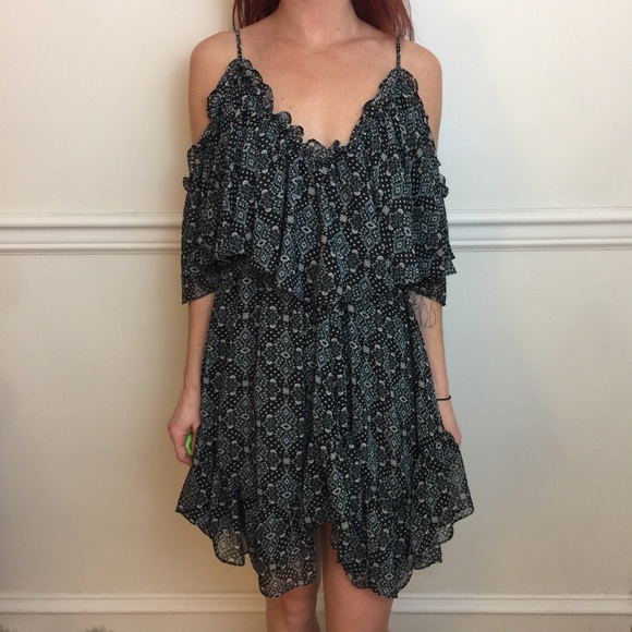 MISA Black Floral Cold Shoulder Ruffle Mini Dress - Picture 2 of 8